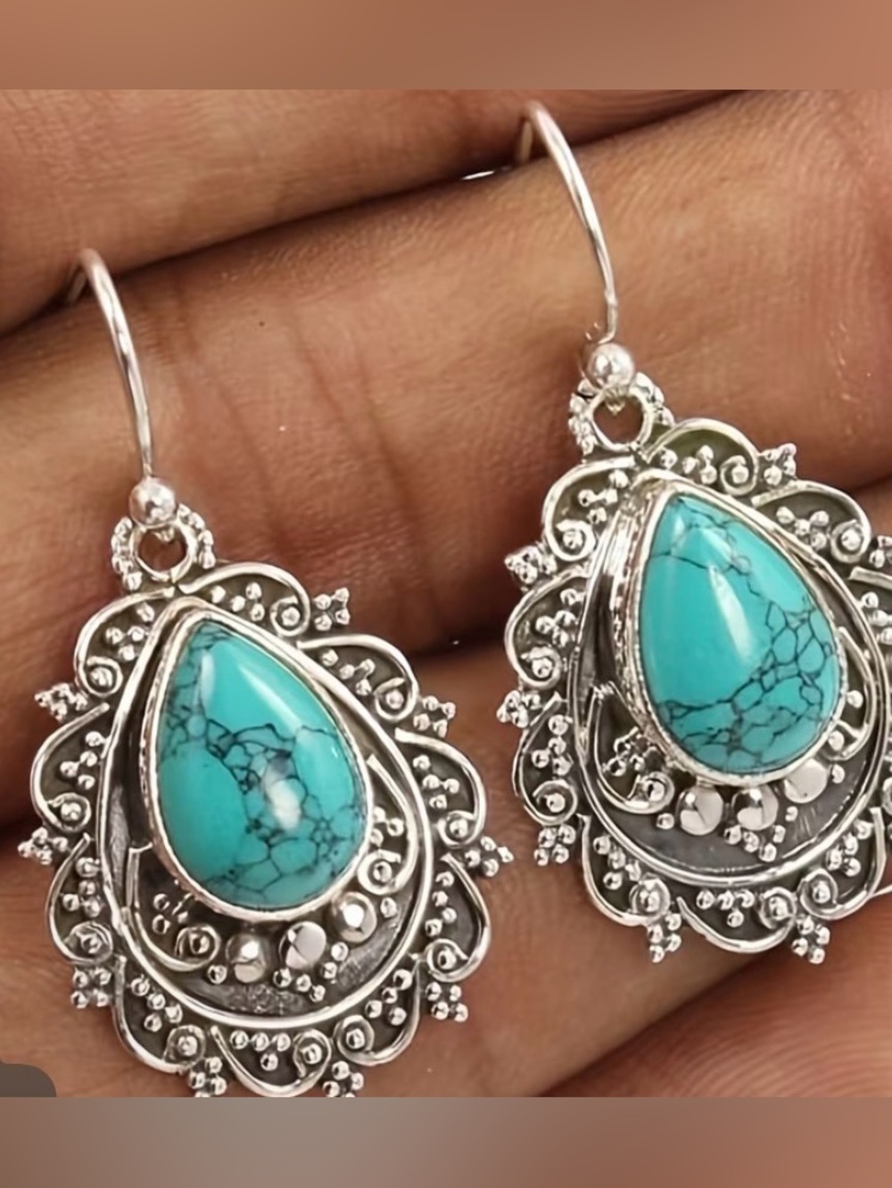 Turquoise Teardrop Filigree Dangle Earrings - Women Jewelry